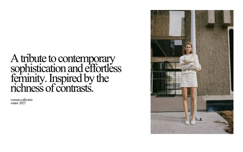 Woman in cream-colored skirt suit stands in front of a building for a fashion editorial, with minimalist text on the left side.