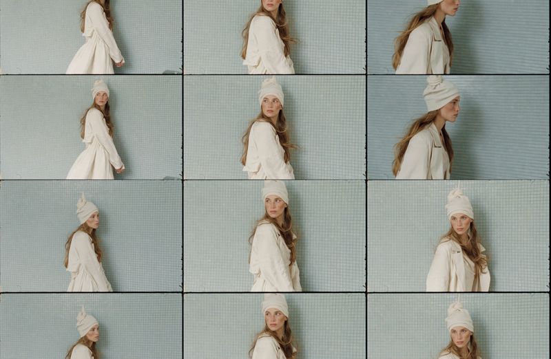 Fashion shot of a woman in a light-colored coat and beanie, posing in front of a pale blue background, presented in a grid format.