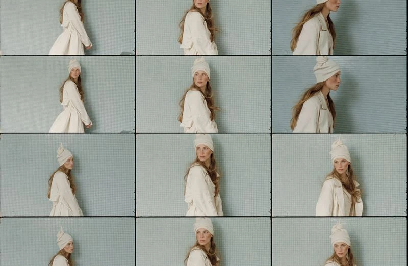 Fashion shot of a woman in a light-colored coat and beanie, posing in front of a pale blue background, presented in a grid format.