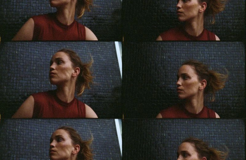 Portrait of a woman with short hair, captured in a photographic grid; red sleeveless top against a textured gray-blue background.