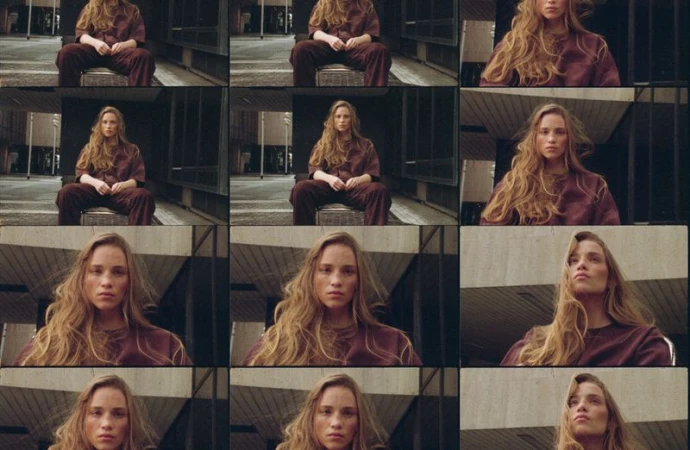 Young woman with long blonde hair wears a maroon jumpsuit, sitting on a chair outdoors, captured in a nine-image grid format.