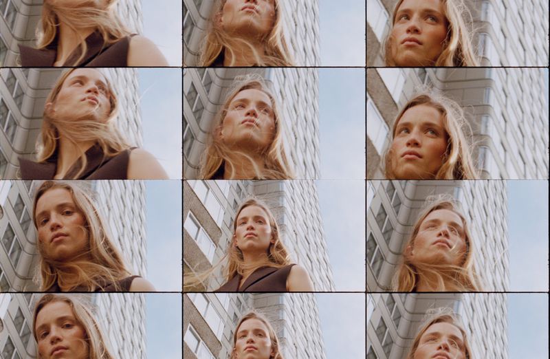 A woman with long blonde hair, wearing a brown sleeveless top, stands against a modern city building in a grid collage.