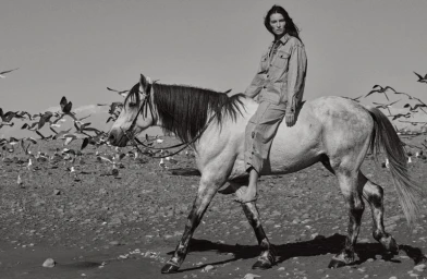 Black and white fashion editorial featuring a model riding a white horse on a rocky beach surrounded by flying birds.