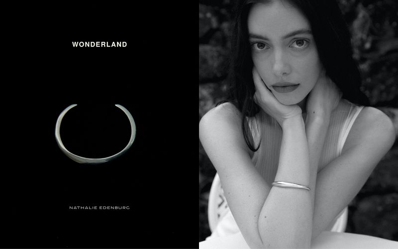 Black and white studio shot of a young woman wearing a silver bangle, with a jewelry product shot on a black background.