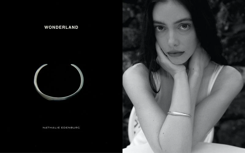 Black and white studio shot of a young woman wearing a silver bangle, with a jewelry product shot on a black background.