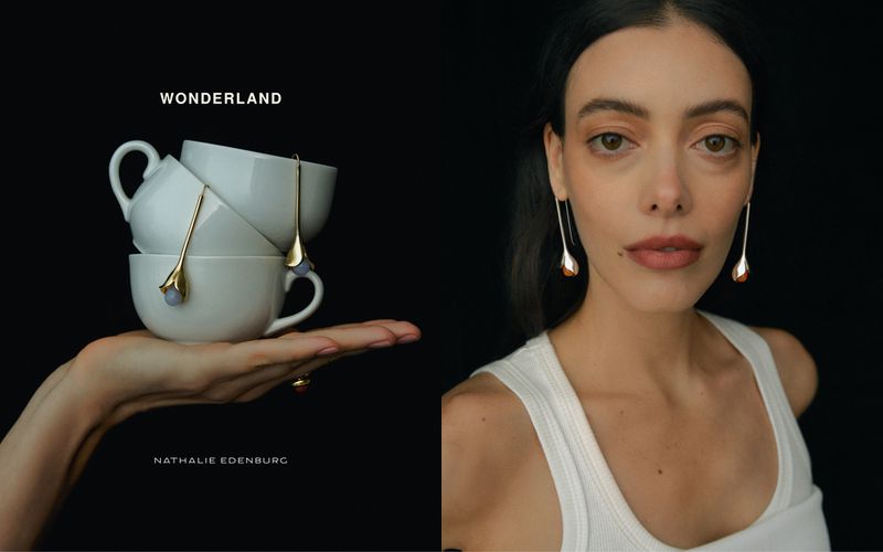 Close-up: fair-skinned woman in white tank top with gold earrings, complemented by a hand holding white tea cups and gold jewelry.