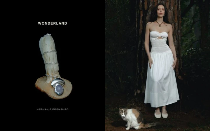 Artistic jewelry product shot contrasts a silver necklace with a mushroom, against a model in a dress posing in a forest with a cat.