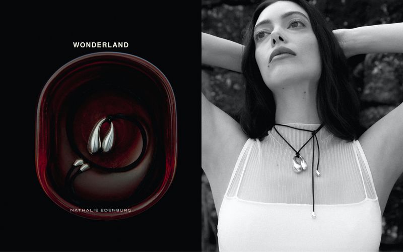 Black and white portrait of a woman with a necklace, paired with a close-up of jewelry in a red container, presented side-by-side.