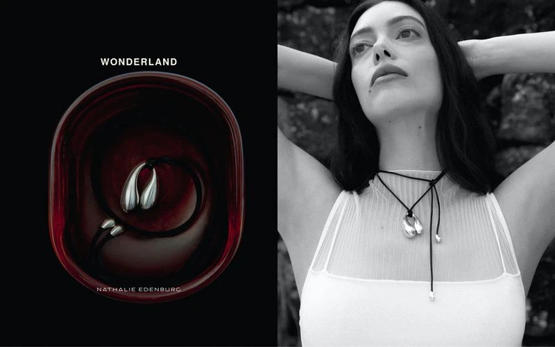 Black and white portrait of a woman with a necklace, paired with a close-up of jewelry in a red container, presented side-by-side.