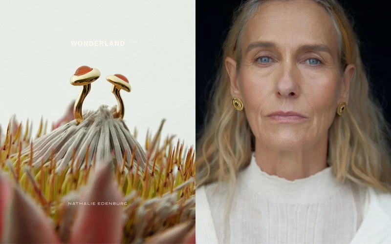 Close-up shot of a pair of mushroom-shaped gold earrings atop a protea flower and a portrait of an adult woman with blond hair.