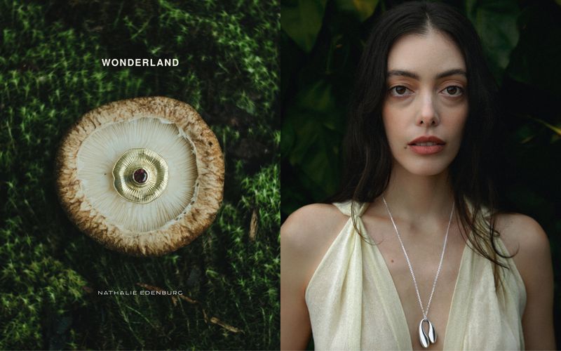 Split-screen image featuring a close-up of a mushroom with a gold pendant and a portrait of a young woman with a necklace.