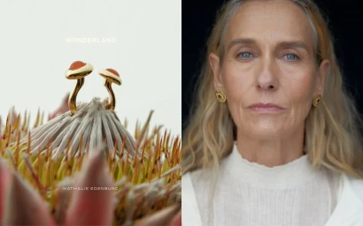 Two gold mushroom rings displayed on a textured protea flower and an older woman wearing matching earrings.