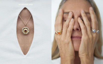 Close-up portrait of a woman with hands covering her face, displaying rings, paired with a pendant necklace view
