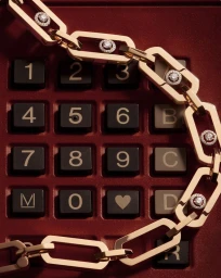 Gold chain necklace with diamond accents draped over a dark keypad with numeric and letter keys on a deep red textured background