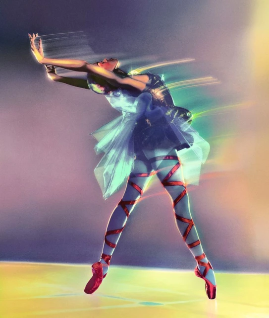 A ballet dancer in a blue tutu and red pointe shoes performs a ballet move in a brightly lit studio with a motion blur effect.