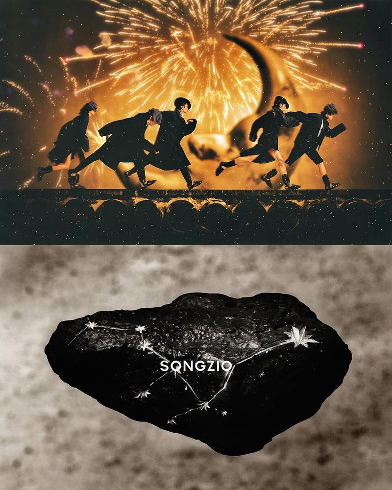 Silhouetted group of people running in front of a moon and fireworks, contrasted with an image of a stone with constellation art.