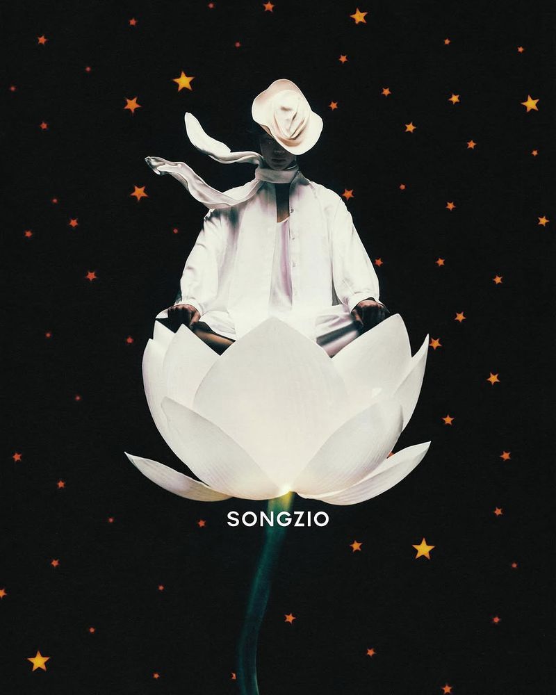 An ethereal figure meditates on a white lotus against a dark starfield, creating a surreal, dreamlike image with 'SONGZIO' text.