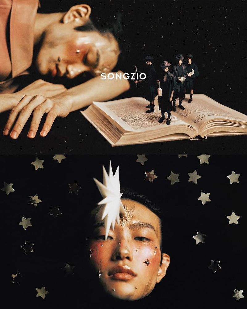 Conceptual fashion image with a man lying next to a book, and another man with a star on his forehead surrounded by star shapes.