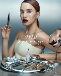 Model holding a metallic applicator with dark lipstick and beauty products on display for Isamaya Spring 2025 campaign
