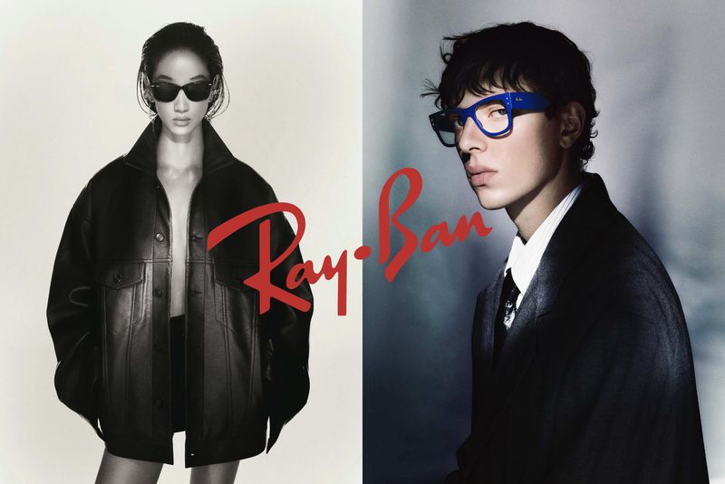 Ray-Ban Clubmaster campaign diptych featuring two models wearing sunglasses and dark jackets against neutral studio backgrounds.