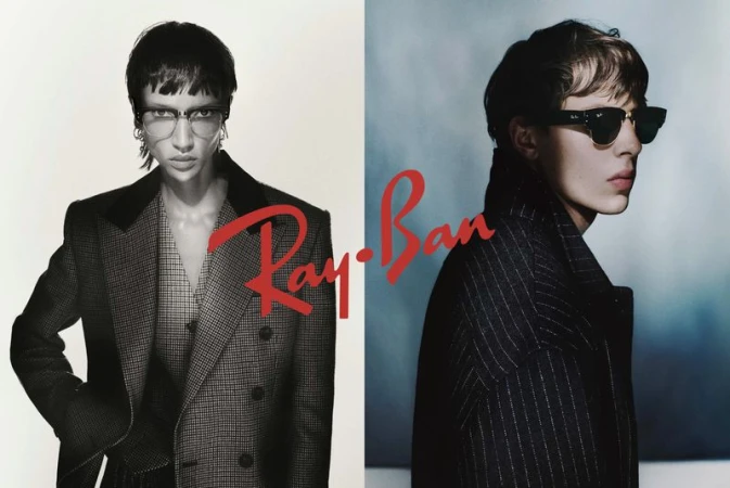 Ray-Ban ad featuring a young adult woman in glasses and a patterned blazer, and a young adult man in sunglasses and a striped coat.