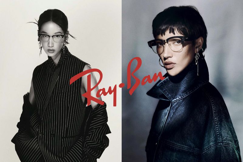 Two women wearing Ray-Ban glasses in a split-screen fashion advertisement, featuring stylish outfits and a prominent brand logo.