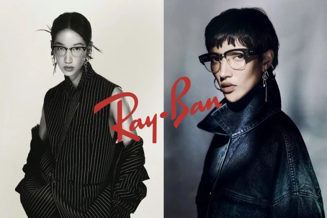 Two women wearing Ray-Ban glasses in a split-screen fashion advertisement, featuring stylish outfits and a prominent brand logo.