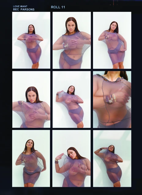 Nine-image grid shows plus-size adult woman in a sheer violet dress with matching bikini, posing in a photo studio, captured with medium shot.