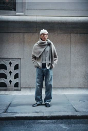 Man wearing a beanie, knitted scarf, cardigan and jeans standing against a stone building exterior