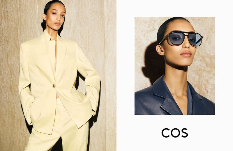 Fashion editorial featuring a woman in a yellow suit and close-up of another woman with black sunglasses and a blue jacket.