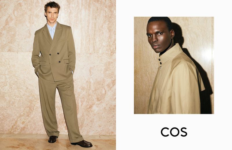 Two fashion portraits showcase men wearing tan suits against neutral backgrounds, highlighted by natural lighting and sartorial elegance.