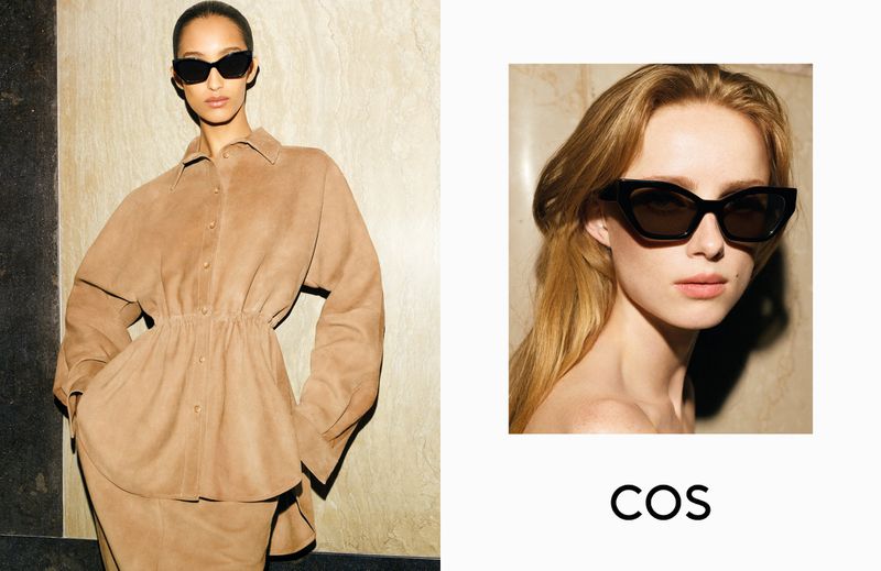 Two fashion models wearing black sunglasses and stylish outfits are presented in a split composition against neutral backgrounds.