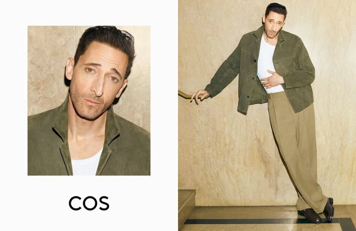 Actor Adrien Brody wearing an olive green jacket and trousers for the COS Spring/Summer 2025 campaign photographed by Karim Sadli.