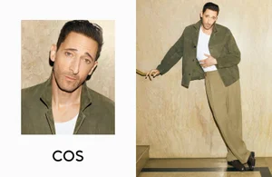 Actor Adrien Brody wearing an olive green jacket and trousers for the COS Spring/Summer 2025 campaign photographed by Karim Sadli.