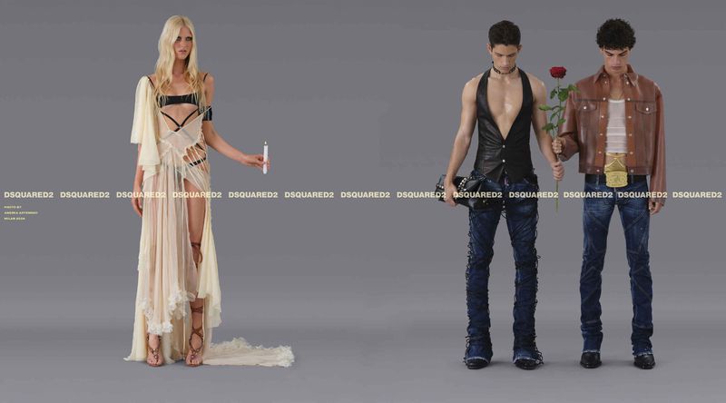 Fashion editorial featuring a blonde woman in a sheer dress holding a candle and two men in dark leather and denim against a grey backdrop.