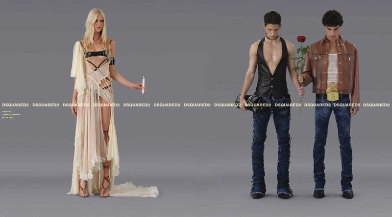 Fashion editorial featuring a blonde woman in a sheer dress holding a candle and two men in dark leather and denim against a grey backdrop.