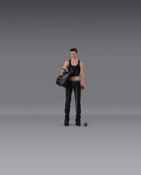 Man wearing a black tank top and dark pants holding a bag and a red apple against a grey seamless background