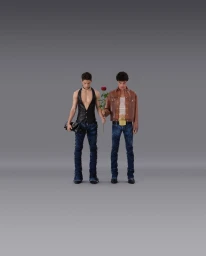 Two male models standing against a grey seamless background holding a red rose for Dsquared2 S/S 2025 campaign.