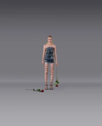Model wearing a strapless denim mini dress holding a red rose against a plain grey studio background.