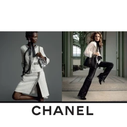 Two models showcasing Chanel S/S 25 collection against neutral studio and grand architectural backdrops.