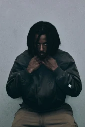 Portrait of a Black man with dreadlocks wearing a dark green bomber jacket against a plain grey backdrop.