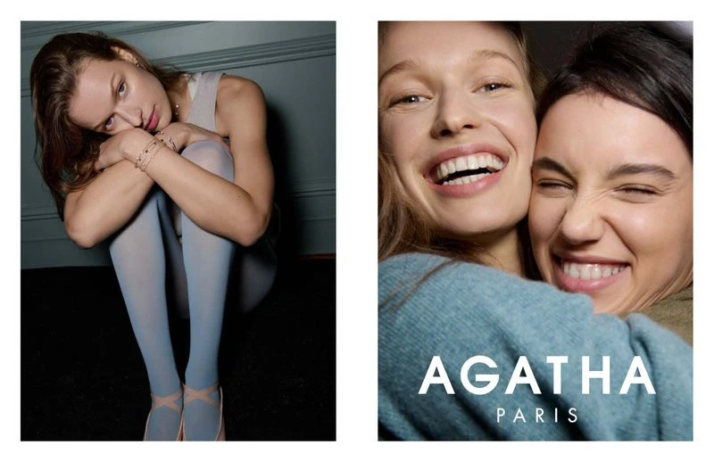 Two-panel image: woman in blue tights and ballet shoes seated, and a close-up of two smiling women, with the 'AGATHA PARIS' logo.