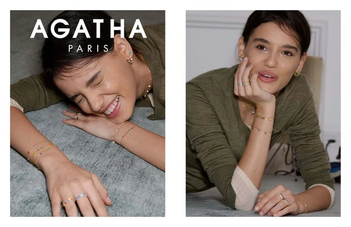 Model wearing fine jewelry including rings and bracelets in an editorial campaign photograph for Agatha Paris.