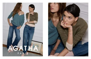 Two female models wearing knit sweaters and denim jeans posing in a bright interior setting for Agatha Beloved Collection 25.