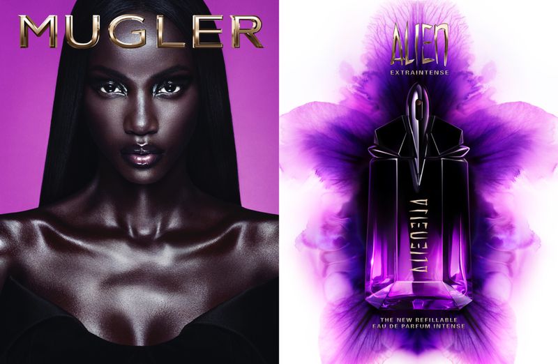 Mugler Alien fashion and beauty campaign featuring a dark-skinned model and the Alien Eau de Parfum Intense fragrance.