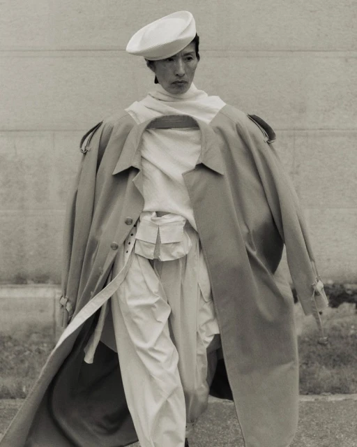 Monochromatic fashion shot of an Asian model wearing a beret, layered white top, and beige trench coat in an outdoor urban setting.