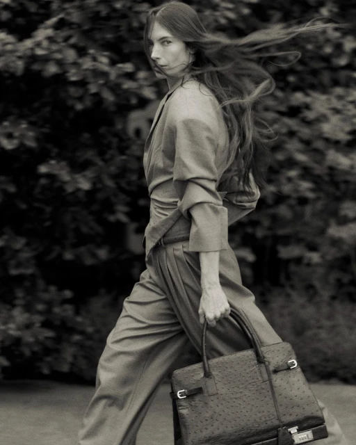 Monochrome portrait of a woman in an outdoor setting, styled in a light-colored suit with a handbag, creating a blend of fashion and nature.
