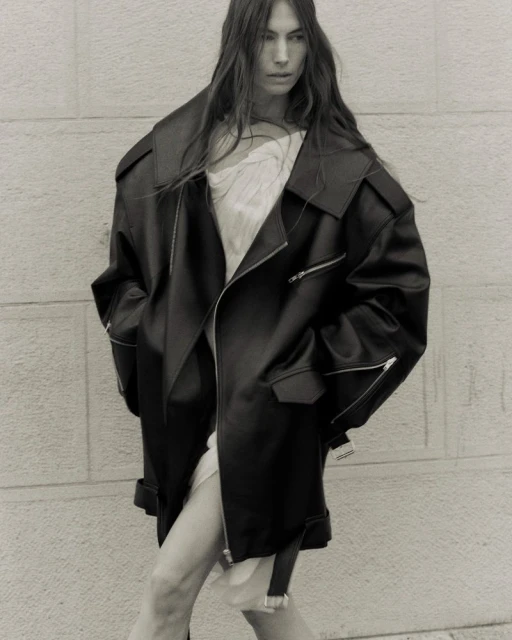 Monochrome portrait of a woman wearing an oversized black leather jacket and light-colored dress against a neutral background.