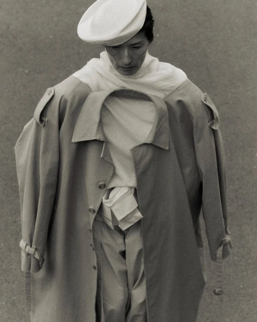 Fashion shot of an East Asian adult wearing a beige beret, white scarf, a beige trench coat over another draped around the shoulders.