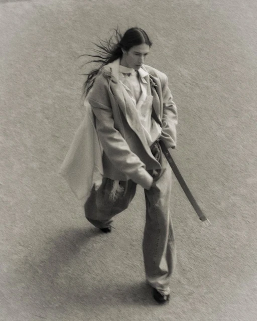 Fashionable adult strides across sandy terrain wearing a neutral blazer, pants, flowing scarf, and black dress shoes in a high-angle shot.